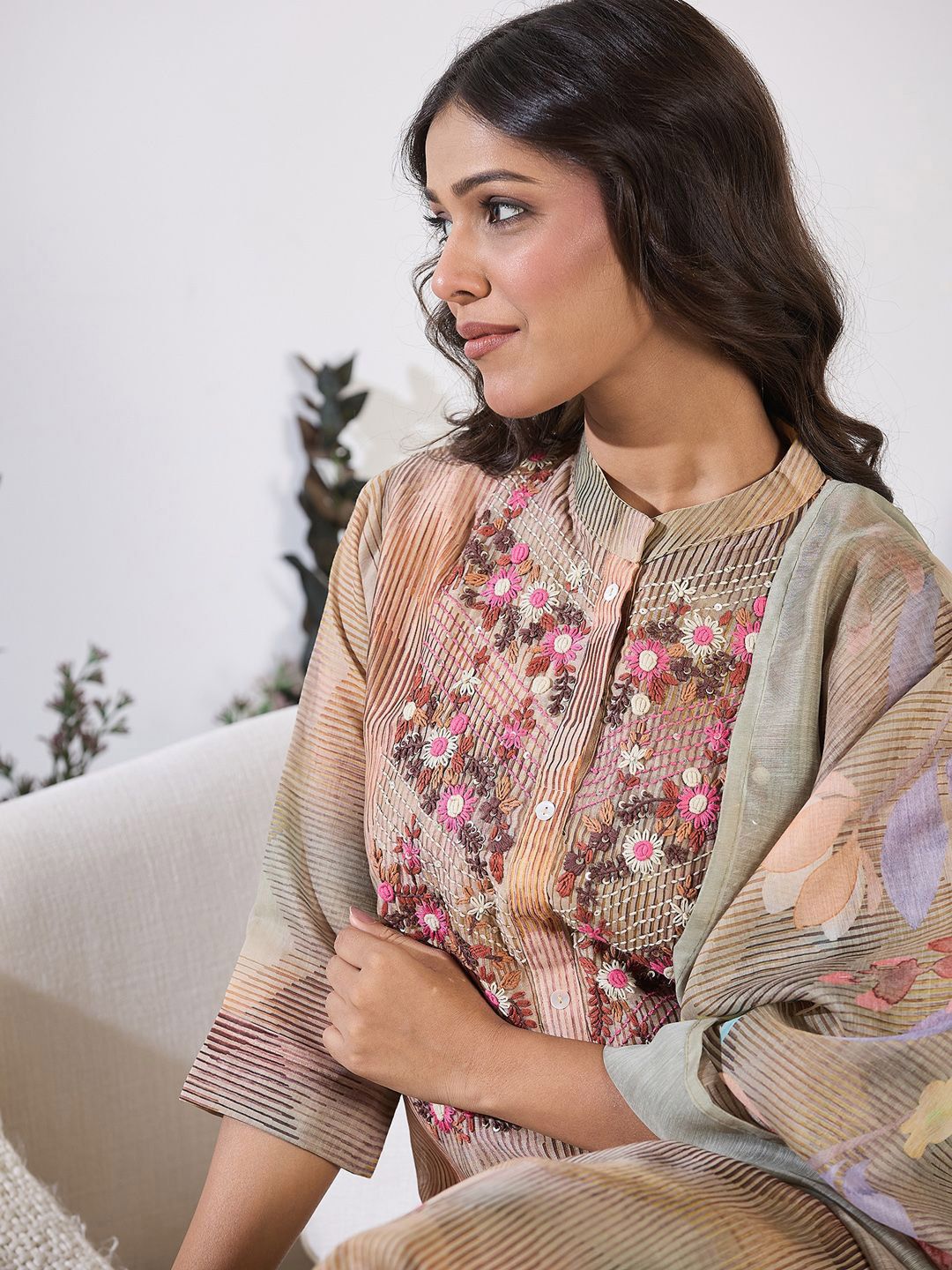 Dhiyona IE Floral Printed Thread Work Chanderi Silk Kurta with Trouser & Dupatta