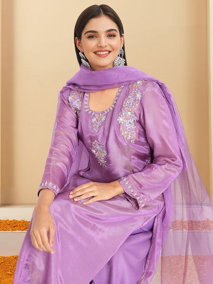 Dhiyona IS Women's Embroidered Thread Work A-Line Kurta with Trousers & Dupatta