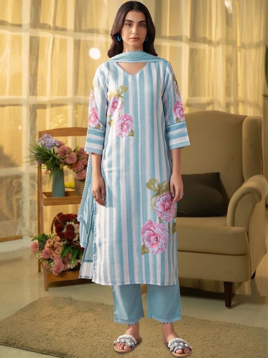 Dhiyona IE Women Floral Printed Regular Beads and Stones Linen Kurta with Trousers & With Dupatta
