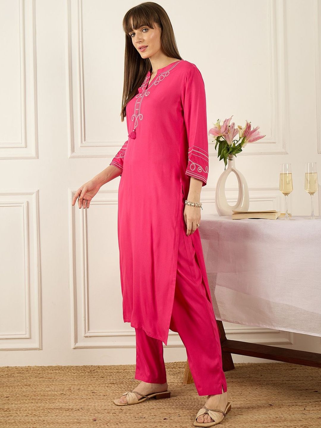 Floral Printed Thread Work Pure Cotton Kurta With Palazzos