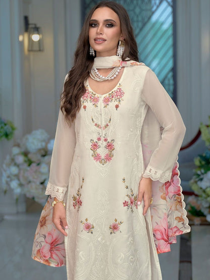 Floral Embroidered Thread Work Kurta With Trousers & Dupatta