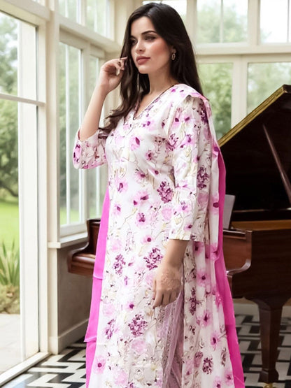 Floral Printed Pure Cotton Straight Kurta With Trousers & Dupatta