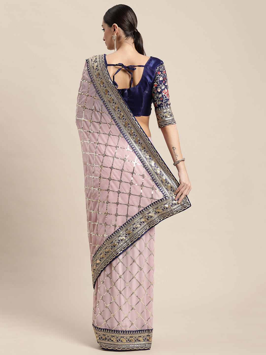 Dhiyona GR Women's Kaaveri Pink Heavy Georgette Sequence Embroidered Saree