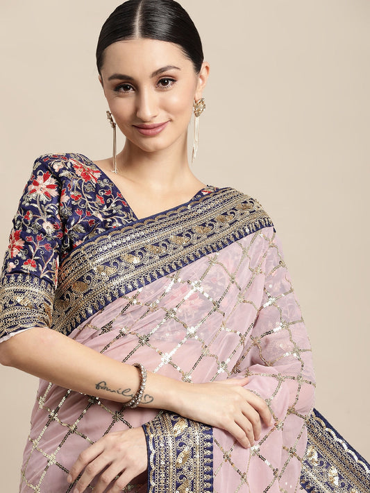 Dhiyona GR Women's Kaaveri Pink Heavy Georgette Sequence Embroidered Saree