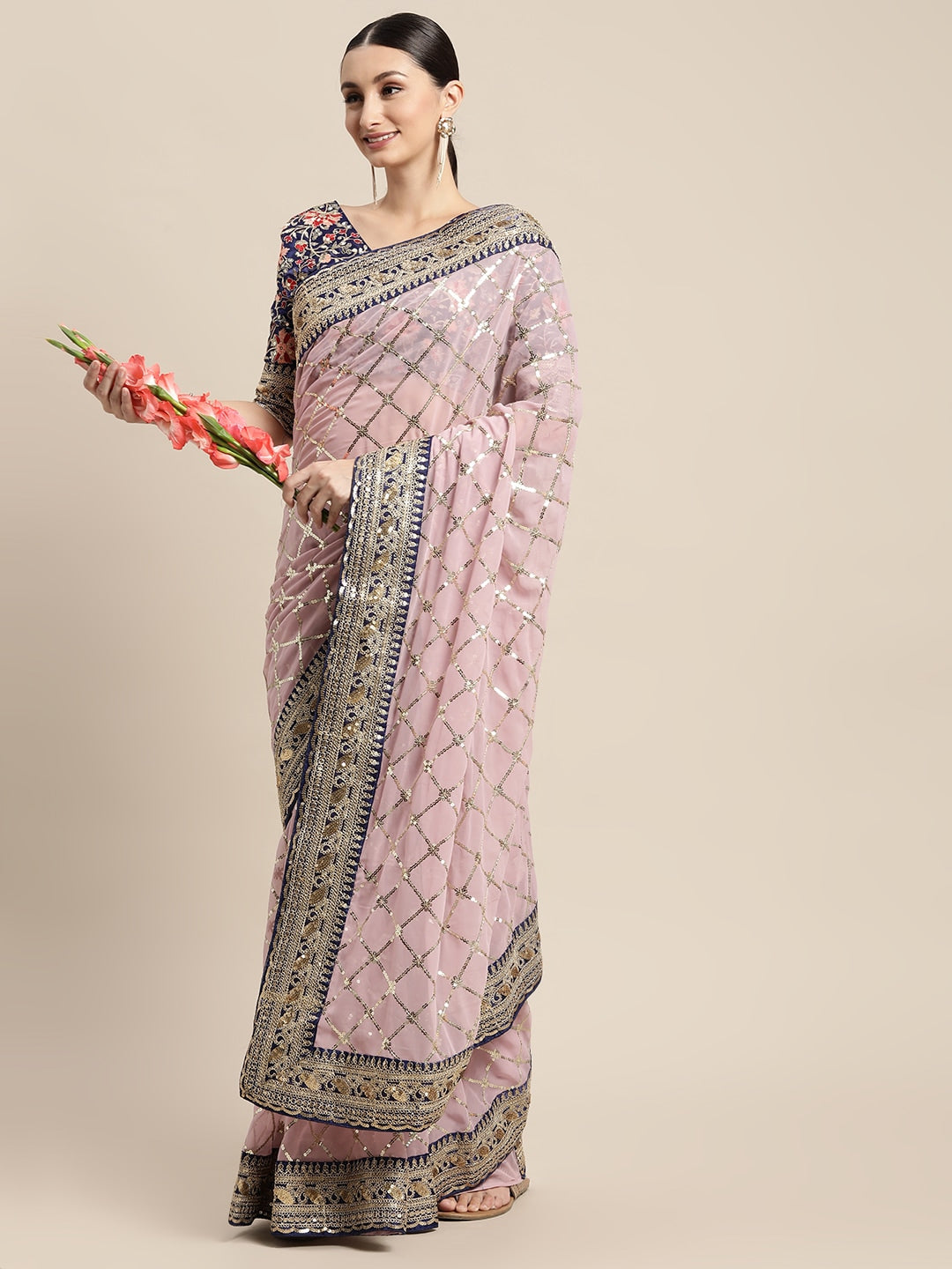 Dhiyona GR Women's Kaaveri Pink Heavy Georgette Sequence Embroidered Saree