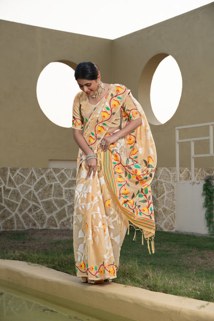 Dhiyona GR Women's Kaashi Beige Cotton Jamdani Saree