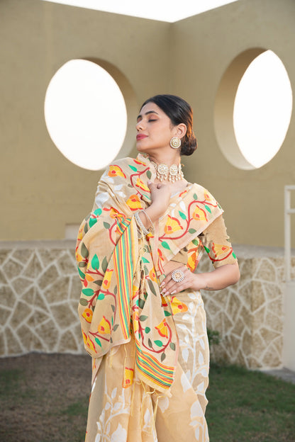 Dhiyona GR Women's Kaashi Beige Cotton Jamdani Saree