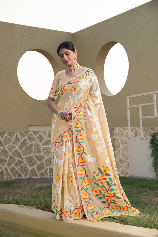Dhiyona GR Women's Kaashi Beige Cotton Jamdani Saree