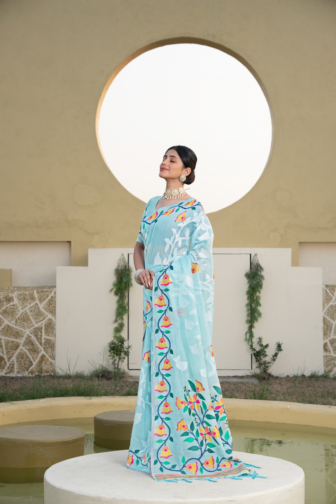 Dhiyona GR Women's Kaashi Sky Blue Cotton Jamdani Saree
