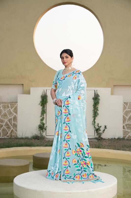 Dhiyona GR Women's Kaashi Sky Blue Cotton Jamdani Saree