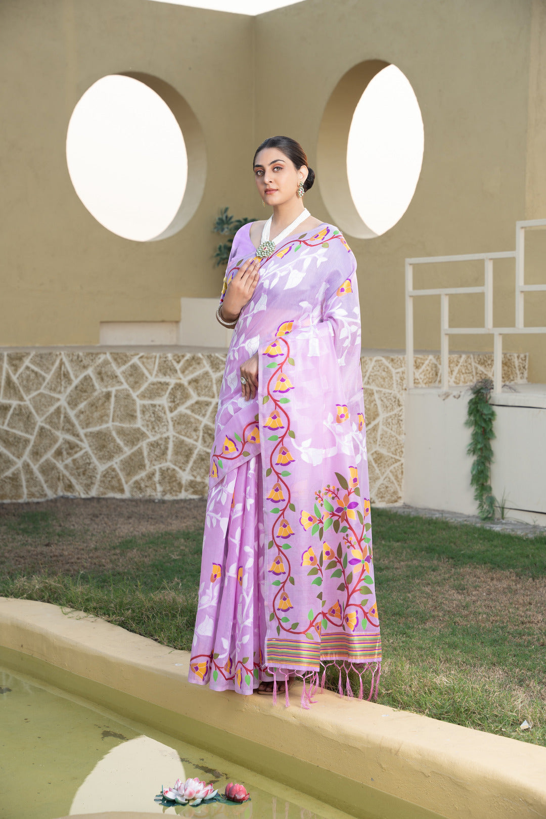 Dhiyona GR Women's Kaashi Lavender Cotton Jamdani Saree