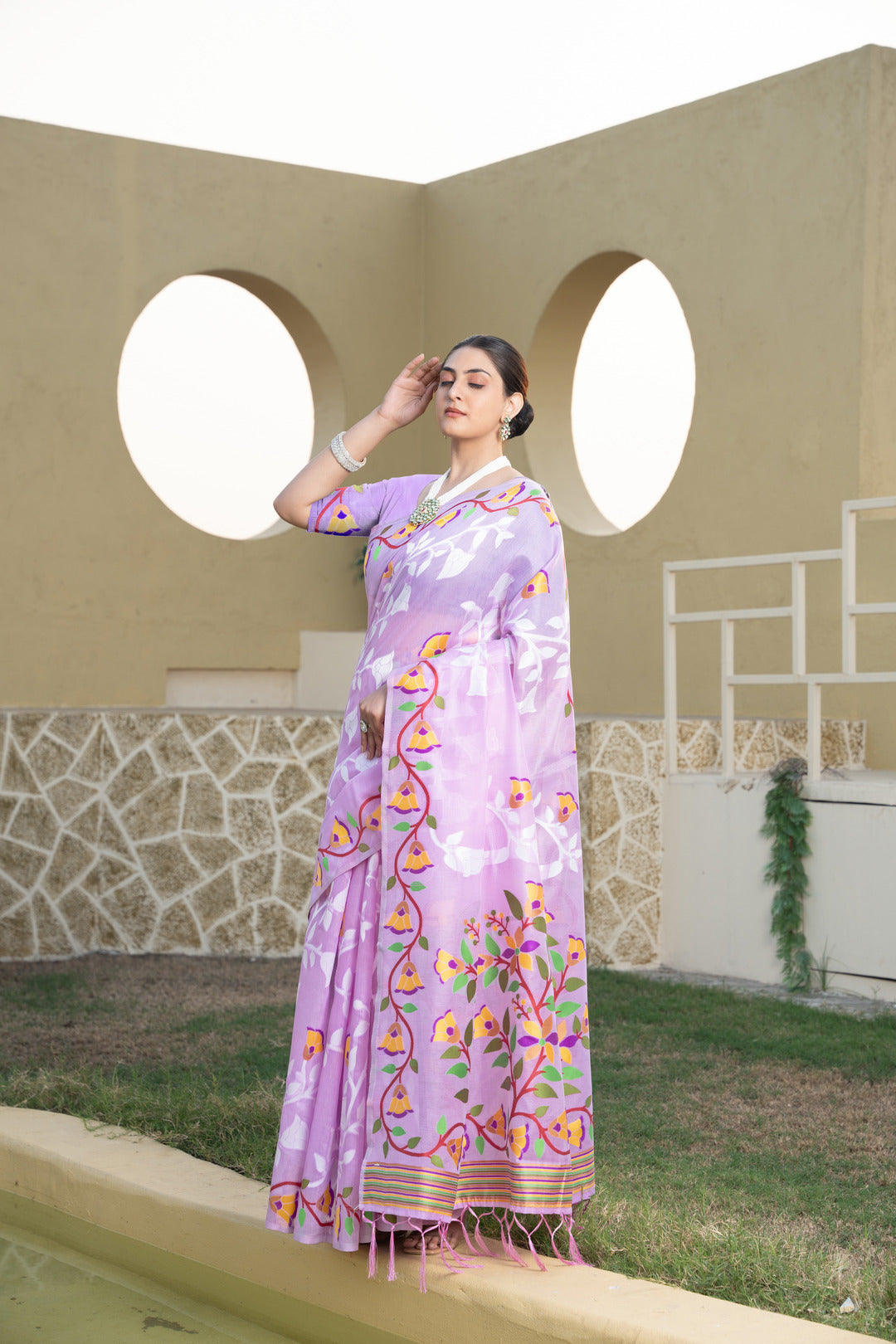 Dhiyona GR Women's Kaashi Lavender Cotton Jamdani Saree