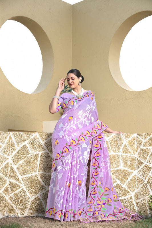 Dhiyona GR Women's Kaashi Lavender Cotton Jamdani Saree