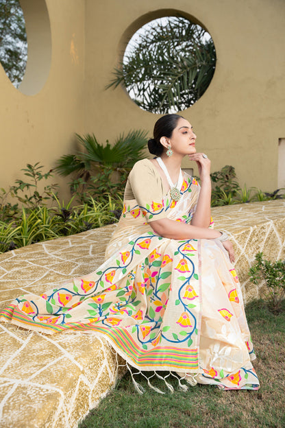 Dhiyona GR Women's Kaashi Off-White Cotton Jamdani Saree