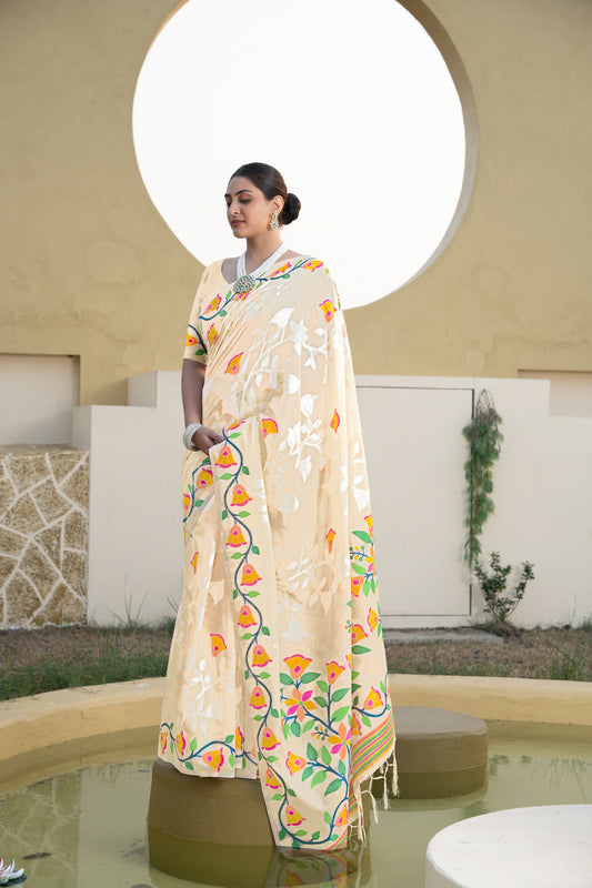 Dhiyona GR Women's Kaashi Off-White Cotton Jamdani Saree