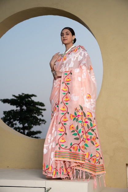 Dhiyona GR Women's Kaashi Peach Cotton Jamdani Saree