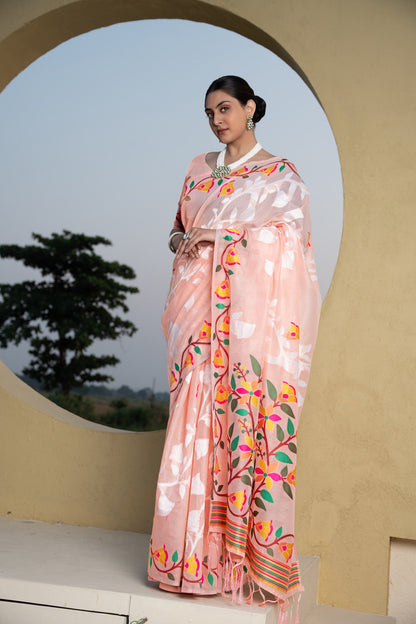 Dhiyona GR Women's Kaashi Peach Cotton Jamdani Saree