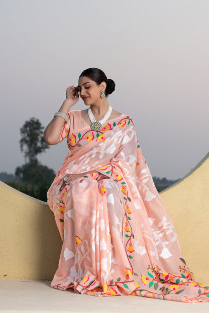 Dhiyona GR Women's Kaashi Peach Cotton Jamdani Saree