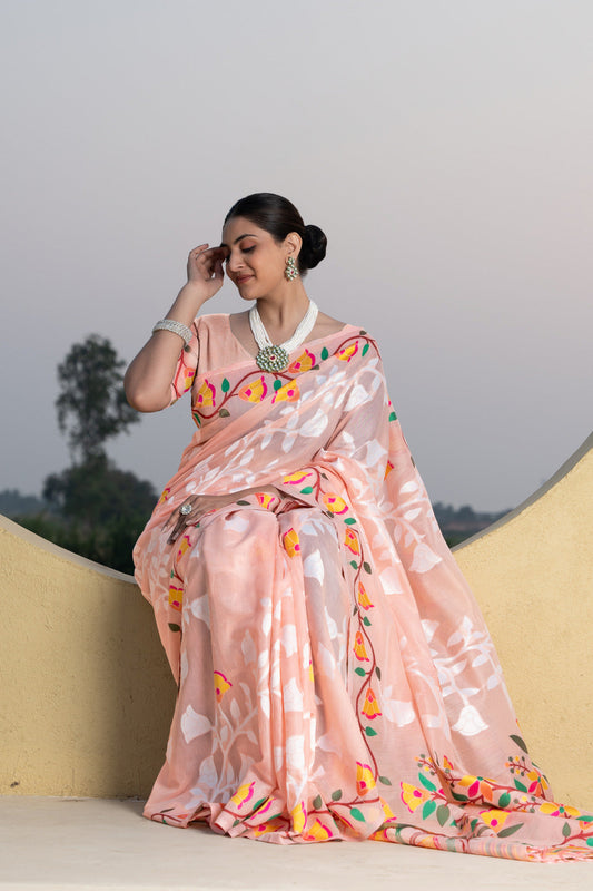 Dhiyona GR Women's Kaashi Peach Cotton Jamdani Saree