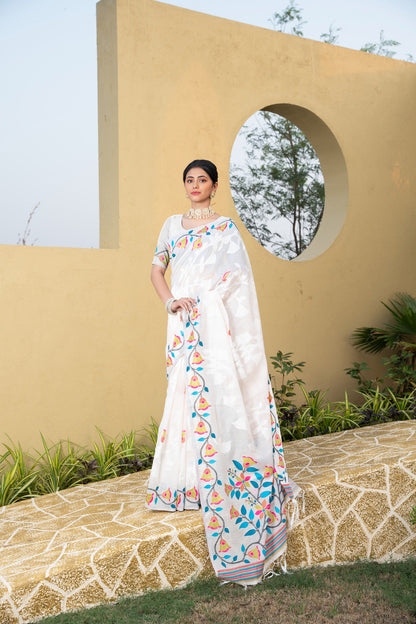 Dhiyona GR Women's Kaashi White Cotton Jamdani Saree