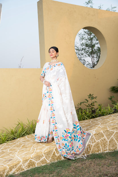 Dhiyona GR Women's Kaashi White Cotton Jamdani Saree