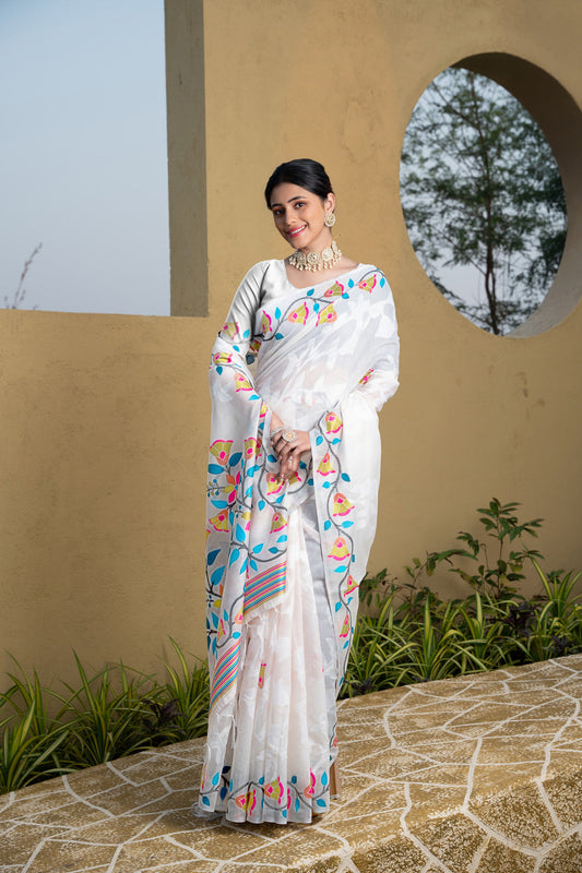 Dhiyona GR Women's Kaashi White Cotton Jamdani Saree