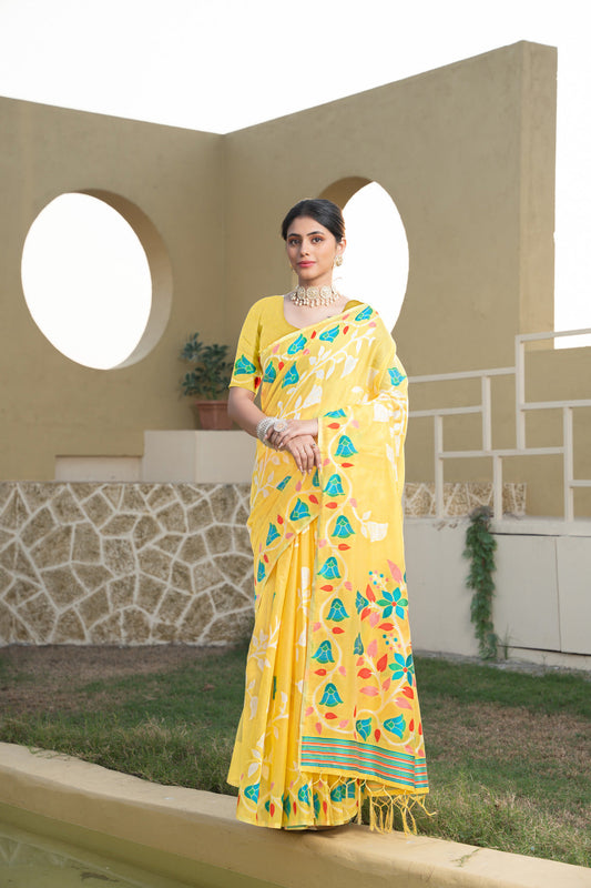 Dhiyona GR Women's Kaashi Yellow Cotton Jamdani Saree