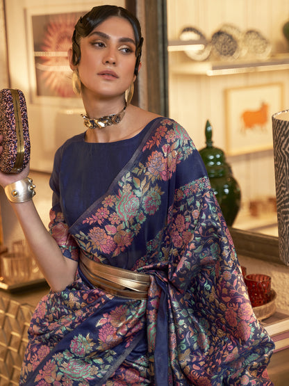 Women's Silk Blend Navy Blue Woven Design Handloom Saree With Blouse Piece