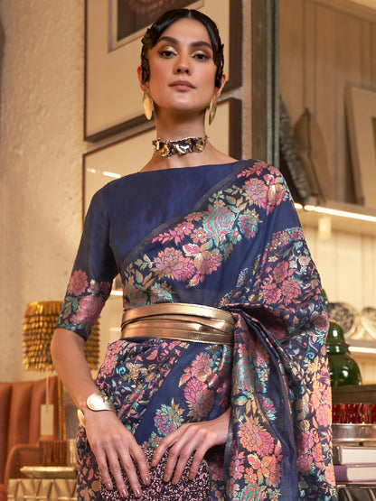 Women's Silk Blend Navy Blue Woven Design Handloom Saree With Blouse Piece