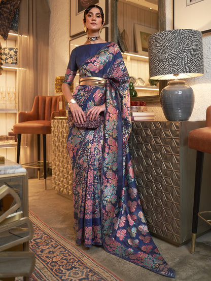 Women's Silk Blend Navy Blue Woven Design Handloom Saree With Blouse Piece