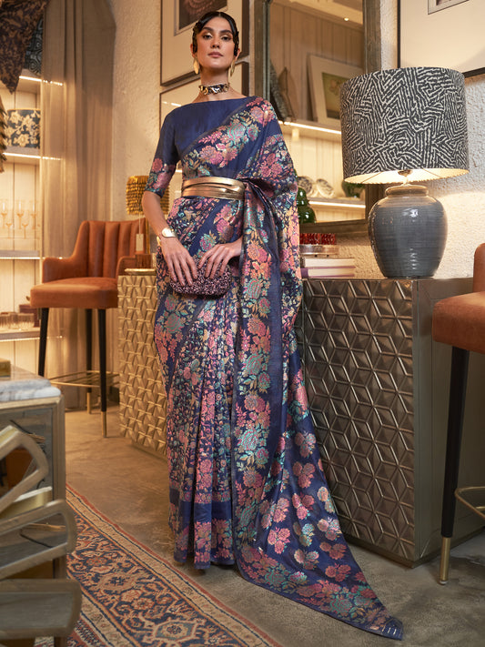 Women's Silk Blend Navy Blue Woven Design Handloom Saree With Blouse Piece