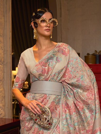 Women's Silk Blend Beige Woven Design Handloom Saree With Blouse Piece
