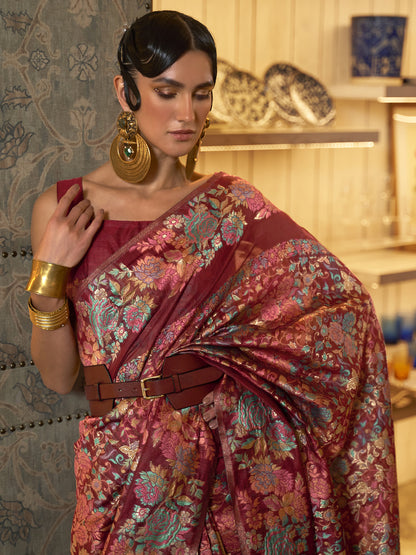 Women's Silk Blend Maroon Woven Design Handloom Saree With Blouse Piece