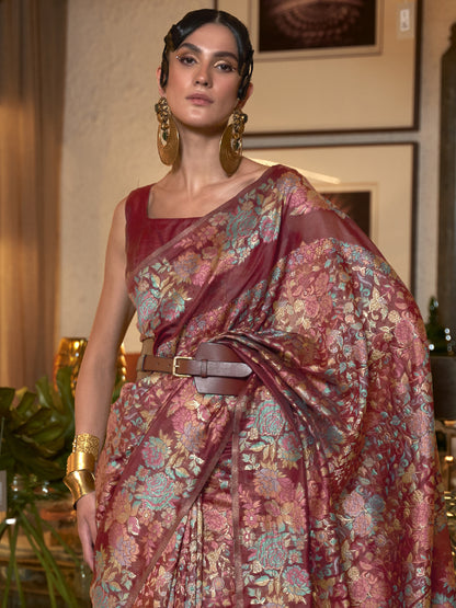 Women's Silk Blend Maroon Woven Design Handloom Saree With Blouse Piece