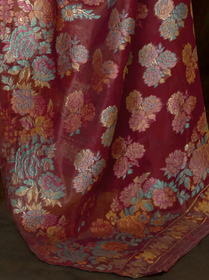 Women's Silk Blend Maroon Woven Design Handloom Saree With Blouse Piece