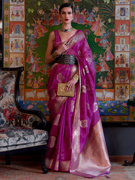 Women's Organza Purple Embellished Designer Saree With Blouse Piece