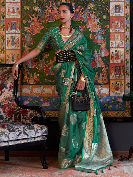 Women's Organza Teal blue Embellished Designer Saree With Blouse Piece
