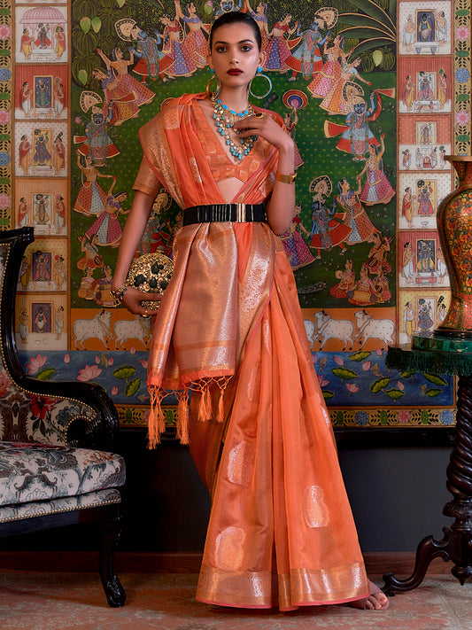 Women's Organza Peach Embellished Designer Saree With Blouse Piece