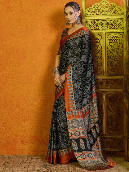 Women's Satin Brown Printed Designer Saree With Blouse Piece