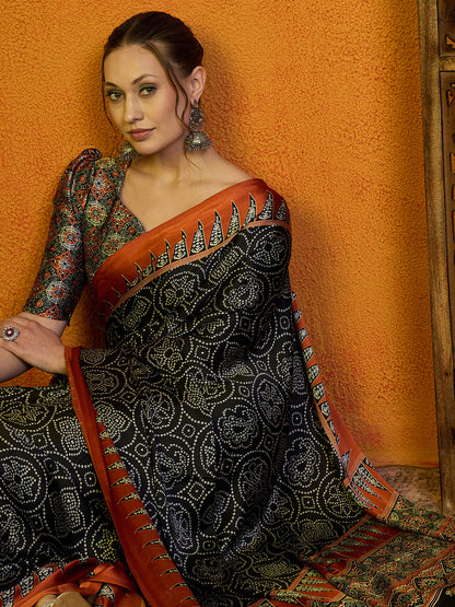 Women's Satin Brown Printed Designer Saree With Blouse Piece