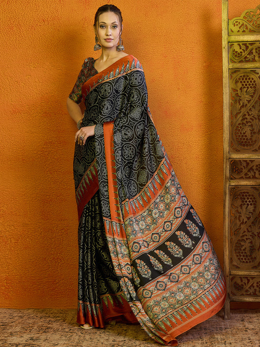 Women's Satin Brown Printed Designer Saree With Blouse Piece