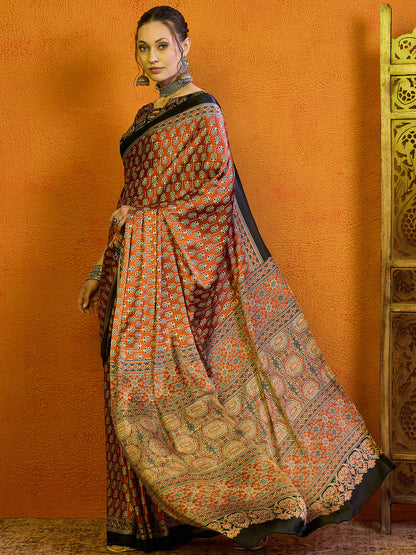 Women's Satin Navy Blue Printed Designer Saree With Blouse Piece