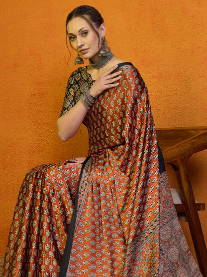Women's Satin Navy Blue Printed Designer Saree With Blouse Piece