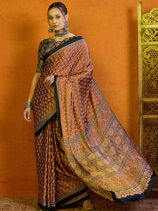 Women's Satin Navy Blue Printed Designer Saree With Blouse Piece