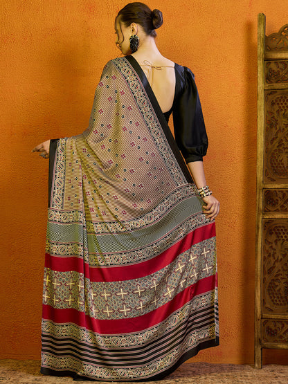 Women's Satin Magenta Printed Designer Saree With Blouse Piece