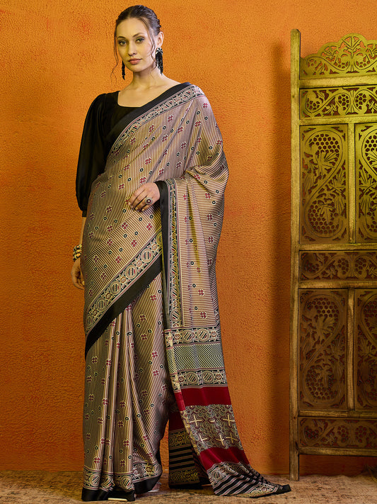 Women's Satin Magenta Printed Designer Saree With Blouse Piece