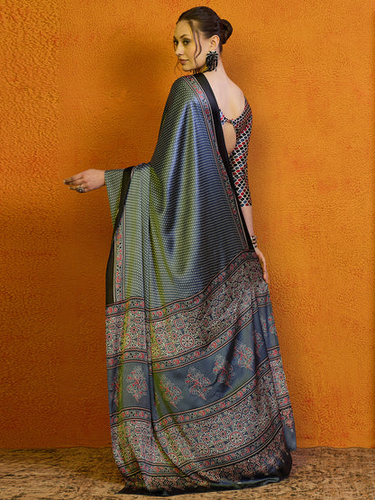 Women's Satin Rust Printed Designer Saree With Blouse Piece