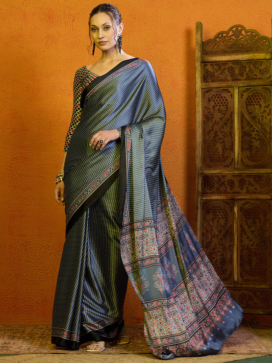 Women's Satin Rust Printed Designer Saree With Blouse Piece