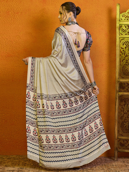 Women's Satin Teal green Printed Designer Saree With Blouse Piece