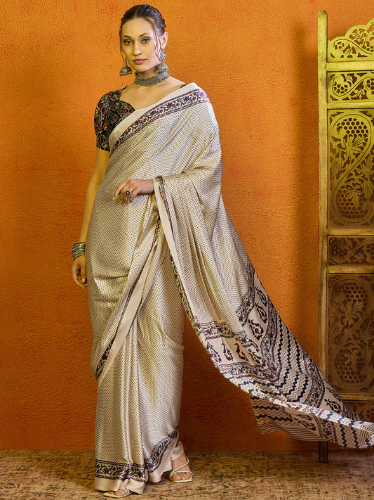Women's Satin Teal green Printed Designer Saree With Blouse Piece